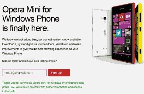 Opera mini for windows phone signing up users for beta testing - 4