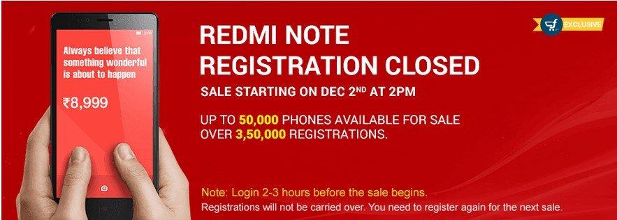 redmi note first flash sale dec 2nd 50k units, 3.5 lakhs users