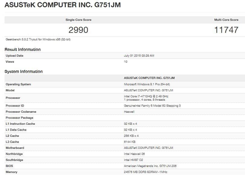 Asus ROG G751J Benchmark results-Geekbench