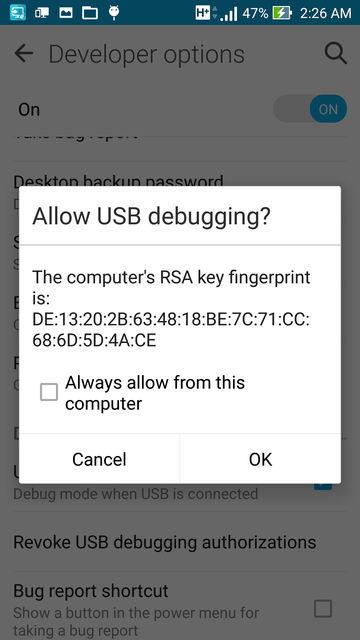 Allow USB debugging to your PC to root Asus Zenfone Zoom