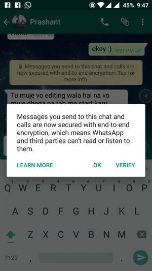 WhatsApp Messenger End to End encryption - showing popup to verify encryption