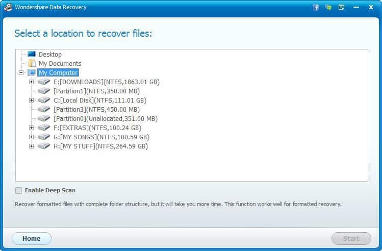 Wondershare Data Recovery Locations to recover